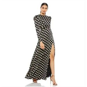 MAC DUGGAL 26572 Long Puff Sleeve Black Cream Polka Dot Maxi Gown Dress Size 2